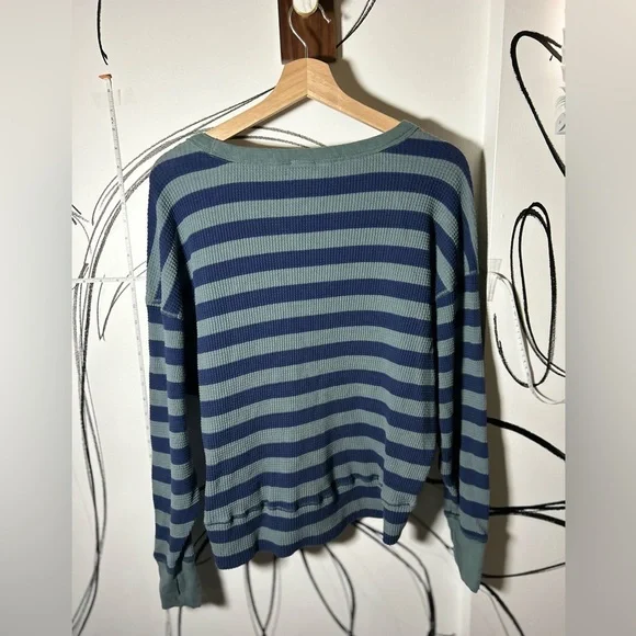Offline by Aerie Oversized V-Neck Blue + Green Striped Thermal Long Sleeve, Sm - Picture 8 of 8